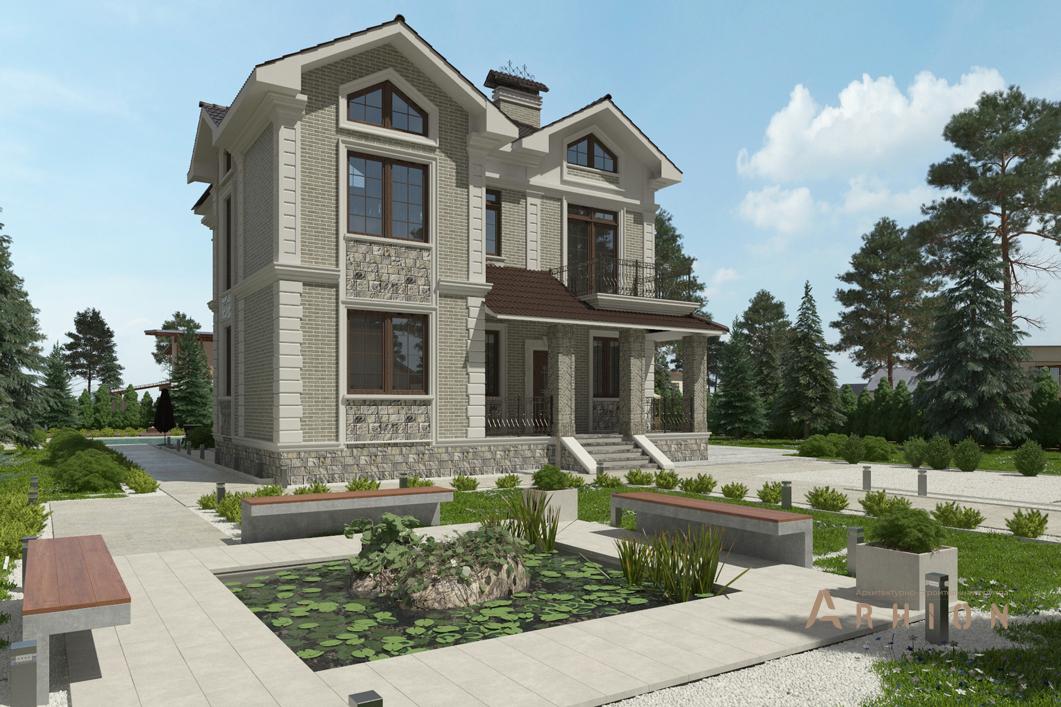 1. Проект двухэтажного дома в американском стиле с многоскатной кровлей, cp-92-14, площадью - 358 кв c мансардой, терассой, балконом