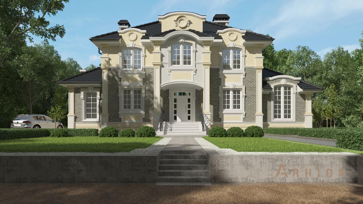 4. Проект двухэтажного дома в стиле барокко с четырехскатной, cp-92-18, площадью - 245 кв c терассой, балконом, вторым светом