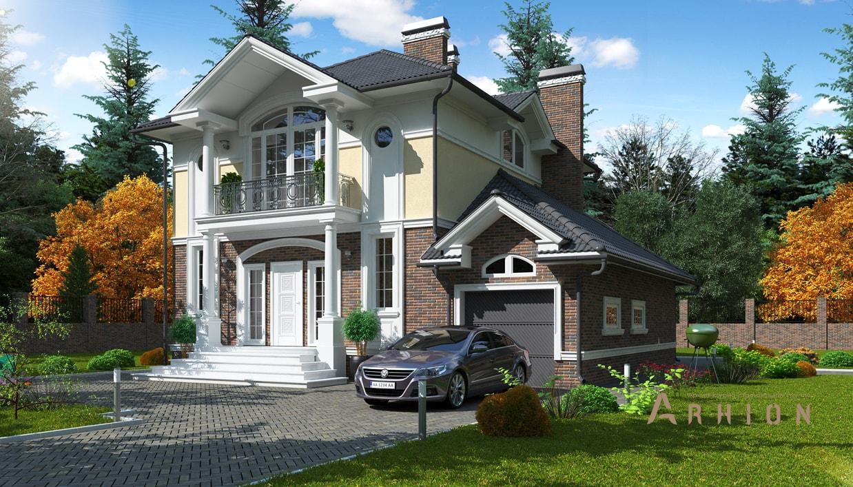 1. Проект двухэтажного дома в классическом стиле с четырехскатной, cp-92-23, площадью - 165 кв c балконом, гаражом