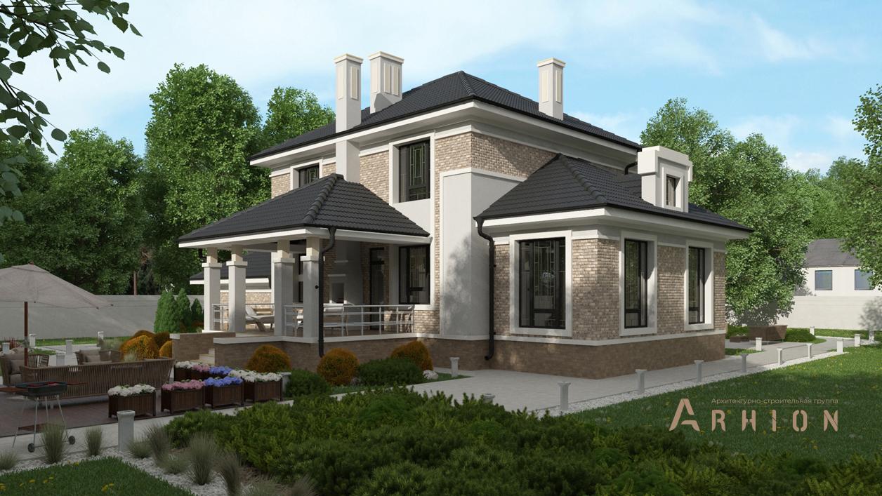 2. Проект двухэтажного дома в современном стиле с четырехскатной, cp-92-29, площадью - 227 кв c терассой, гаражом