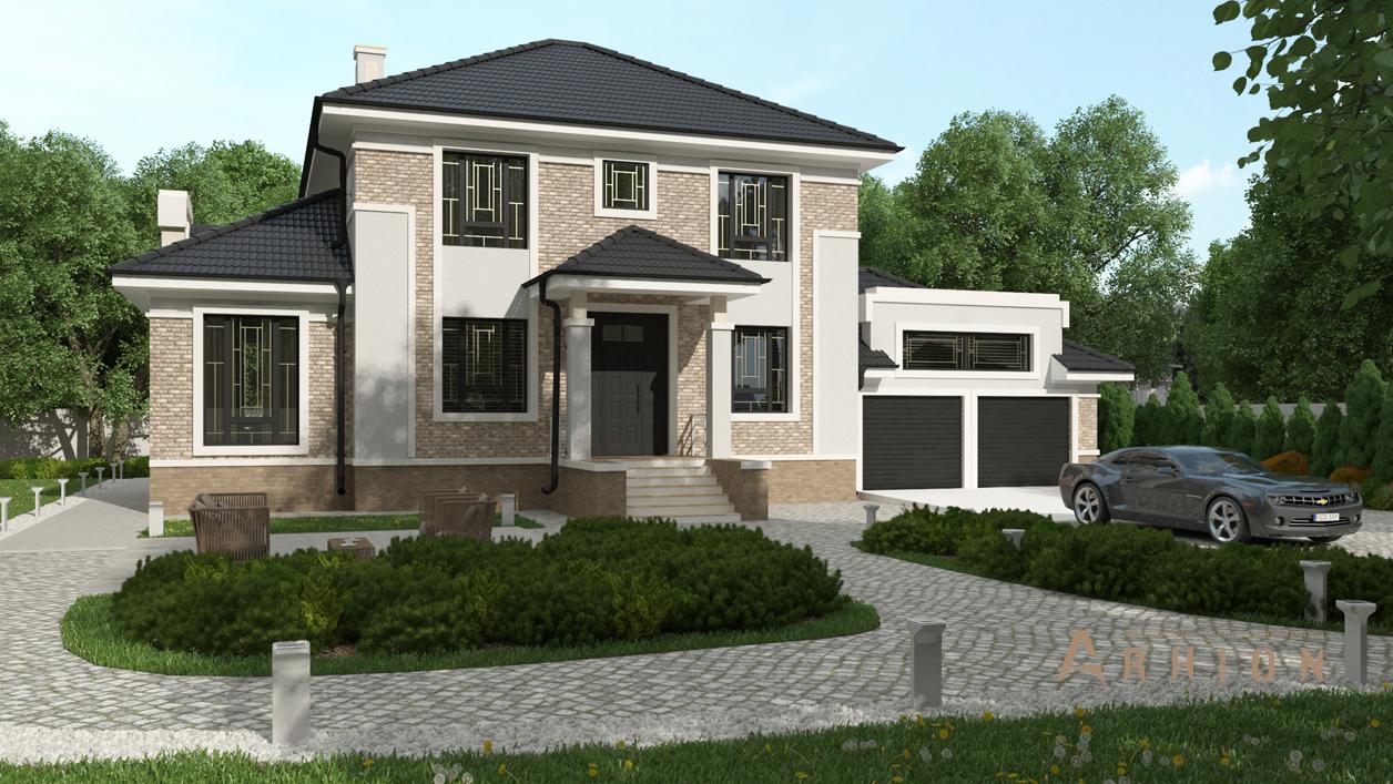 1. Проект двухэтажного дома в современном стиле с четырехскатной, cp-92-29, площадью - 227 кв c терассой, гаражом