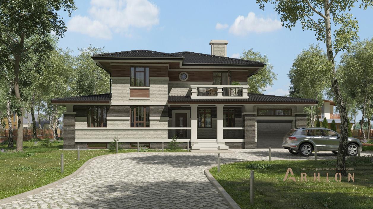 1. Проект двухэтажного дома в стиле Ллойда Райта (прерий) с четырехскатной, cp-92-31, площадью - 287 кв c терассой, балконом, гаражом