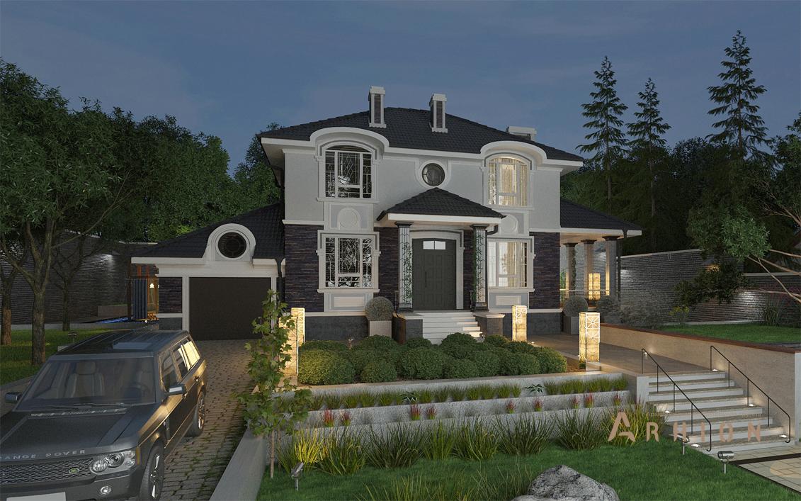 1. Проект двухэтажного дома в стиле модерн с четырехскатной, cp-92-34, площадью - 141 кв c терассой, гаражом