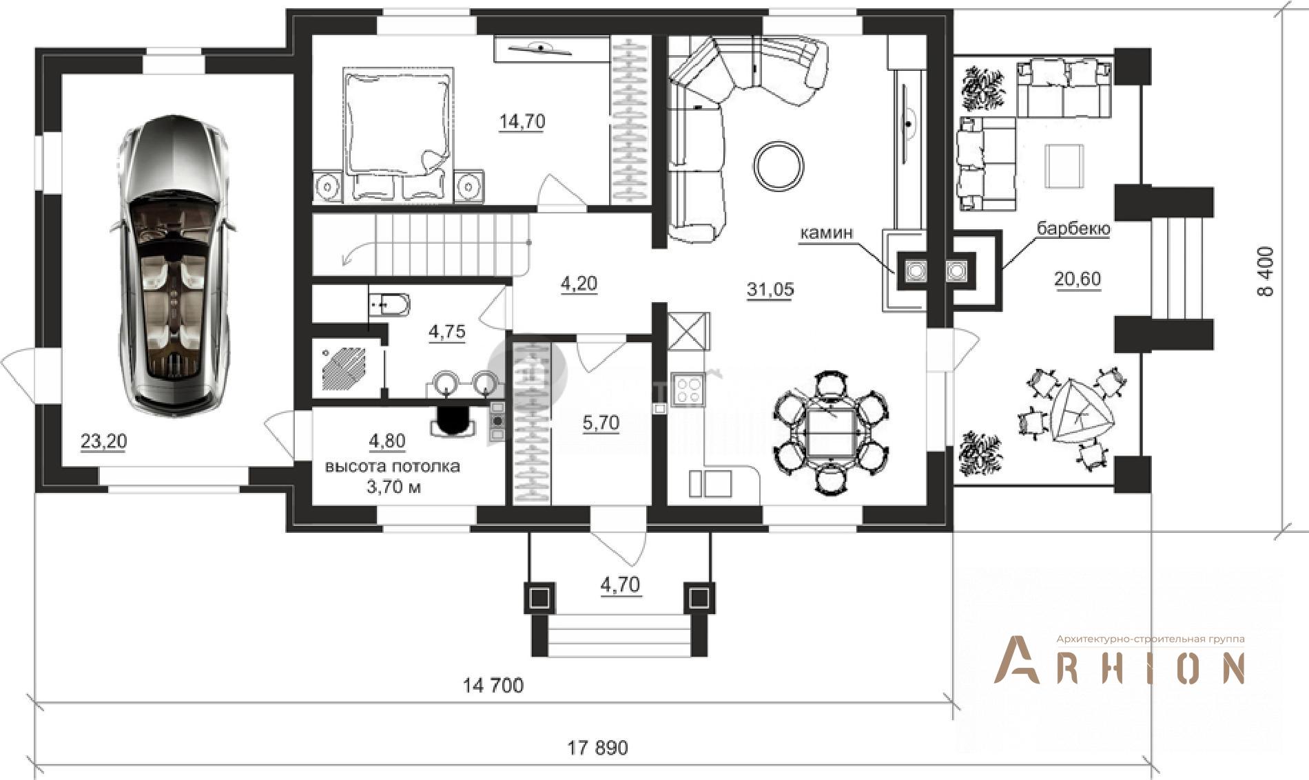 5. Проект двухэтажного дома в современном классическом стиле с четырехскатной, cp-92-37, площадью - 174 кв c сауной, терассой, гаражом