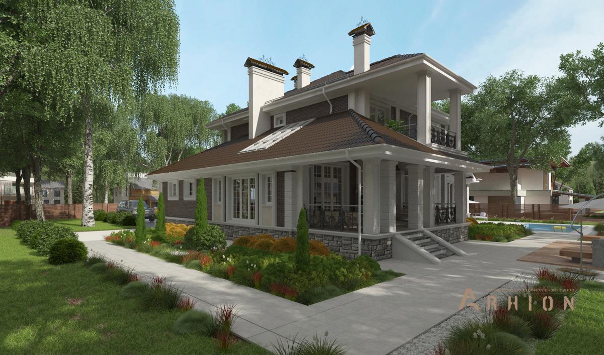 2. Проект двухэтажного дома в классическом стиле с многоскатной кровлей, cp-92-38, площадью - 289 кв c терассой, балконом, гаражом