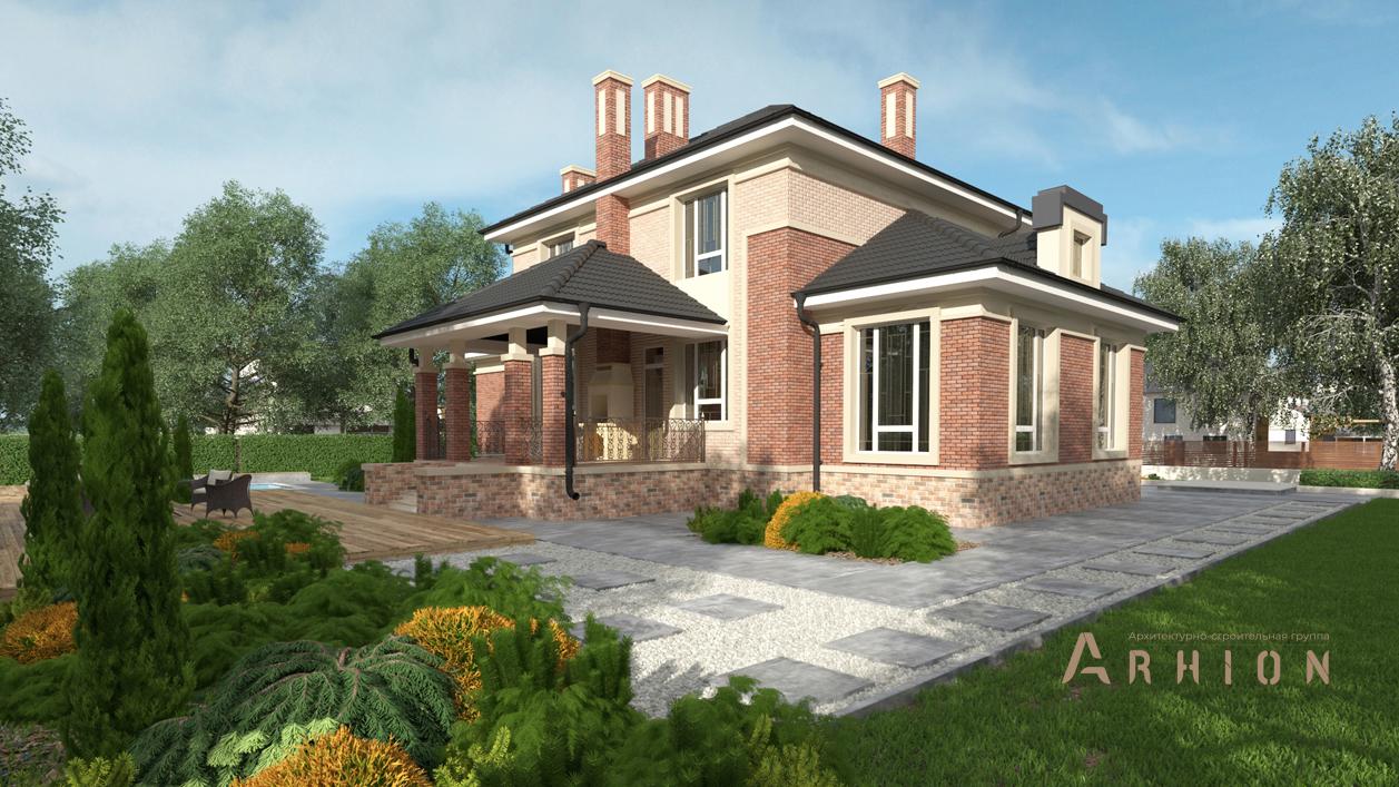 2. Проект двухэтажного дома в современном стиле с четырехскатной, cp-92-47, площадью - 231 кв c сауной, терассой, гаражом