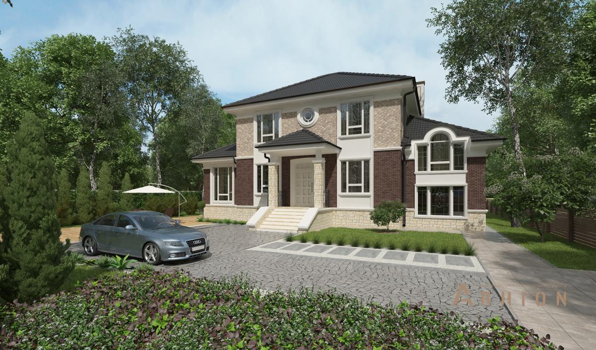 2. Проект двухэтажного дома в современном классическом стиле с четырехскатной, cp-92-49, площадью - 229 кв c терассой, бассейном