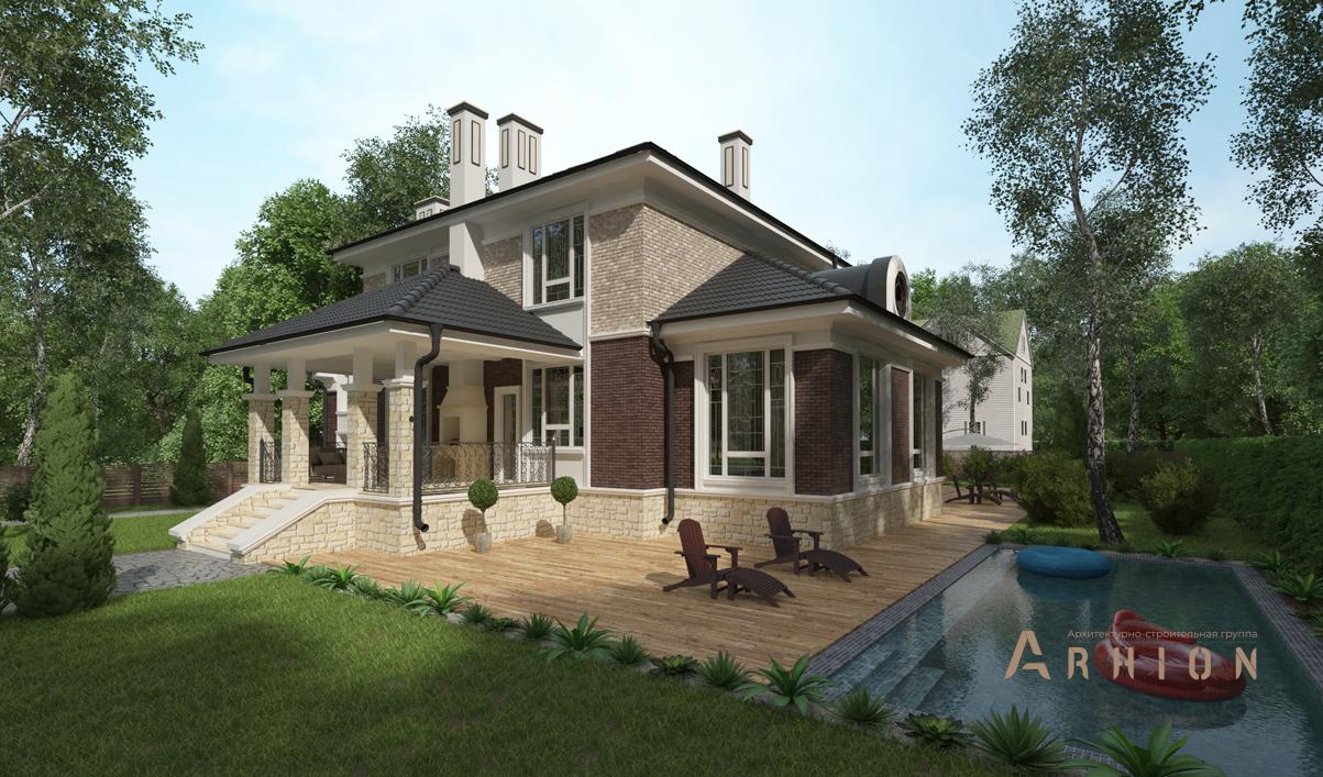 3. Проект двухэтажного дома в современном классическом стиле с четырехскатной, cp-92-49, площадью - 229 кв c терассой, бассейном