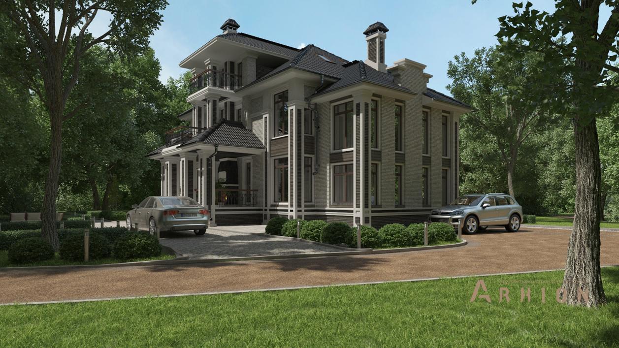 3. Проект двухэтажного дома в современном стиле с четырехскатной, cp-92-88, площадью - 394 кв c мансардой, терассой, балконом, вторым светом