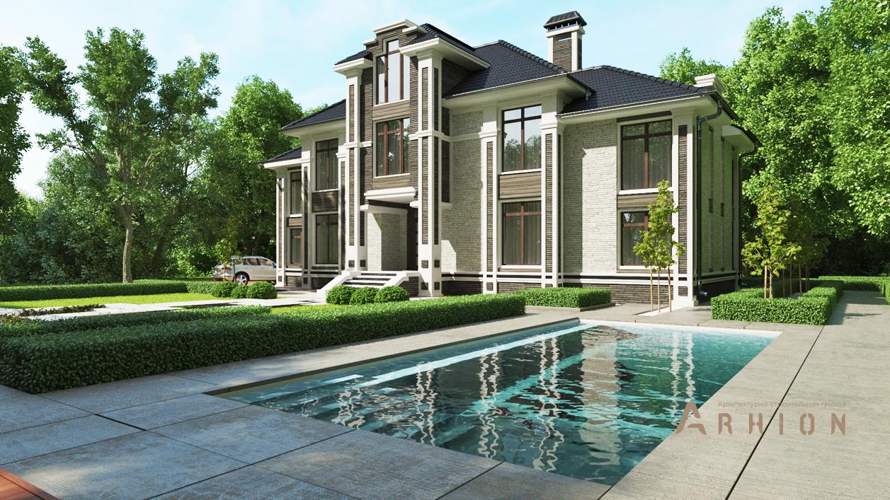 1. Проект двухэтажного дома в современном стиле с четырехскатной, cp-92-88, площадью - 394 кв c мансардой, терассой, балконом, вторым светом