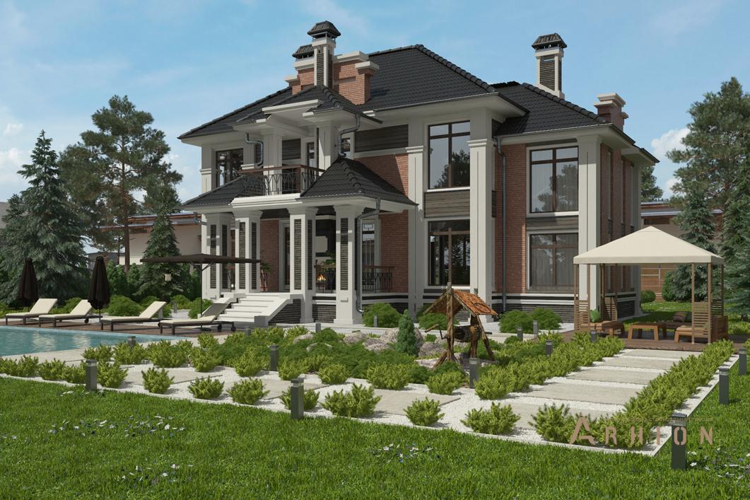 2. Проект двухэтажного дома в современном классическом стиле с четырехскатной, cp-92-89, площадью - 217 кв c терассой, балконом