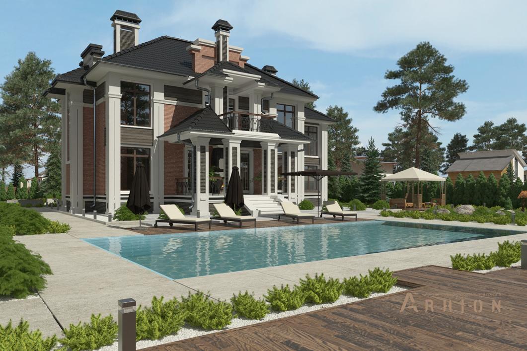 3. Проект двухэтажного дома в современном классическом стиле с четырехскатной, cp-92-89, площадью - 217 кв c терассой, балконом