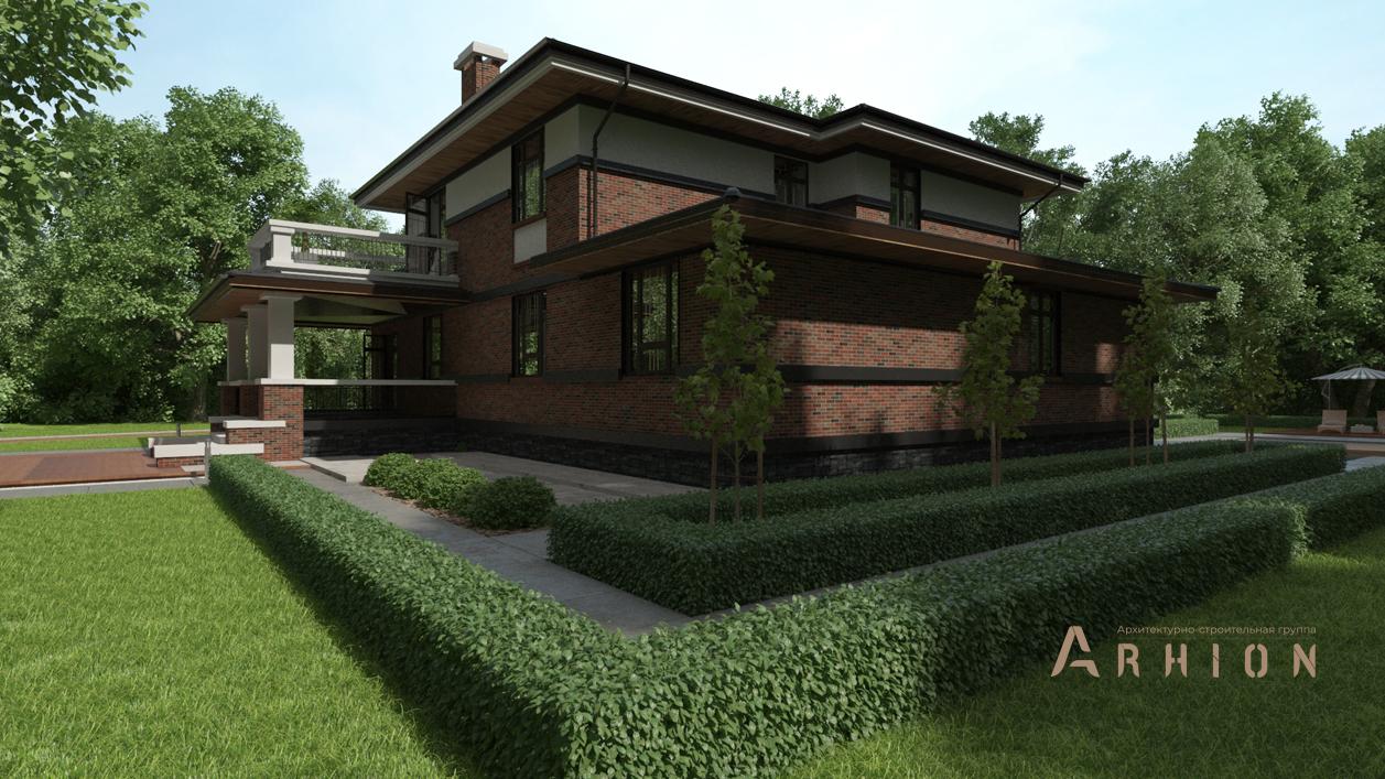 2. Проект двухэтажного дома в стиле Ллойда Райта (прерий) с четырехскатной, cp-93-00, площадью - 449 кв c цокольным этажом, сауной, терассой, балконом, вторым светом