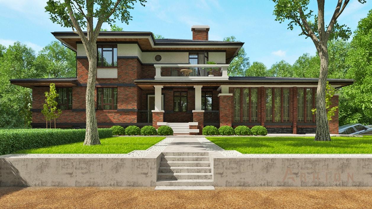 1. Проект двухэтажного дома в стиле Ллойда Райта (прерий) с четырехскатной, cp-93-00, площадью - 449 кв c цокольным этажом, сауной, терассой, балконом, вторым светом