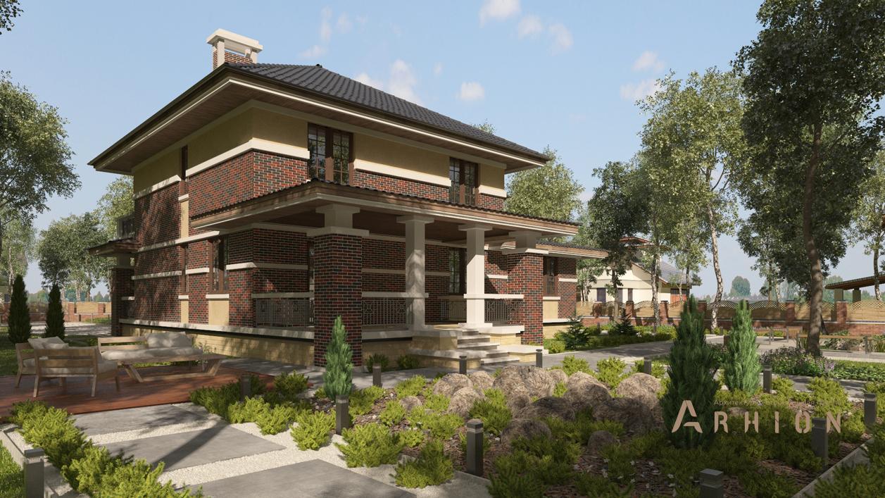 3. Проект двухэтажного дома в стиле Ллойда Райта (прерий) с четырехскатной, cp-93-04, площадью - 350 кв c цокольным этажом, сауной, терассой, балконом