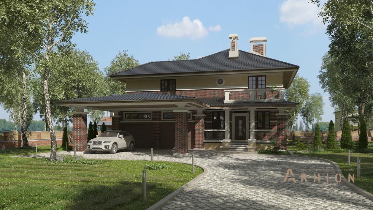 1. Проект двухэтажного дома в стиле Ллойда Райта (прерий) с четырехскатной, cp-93-04, площадью - 350 кв c цокольным этажом, сауной, терассой, балконом