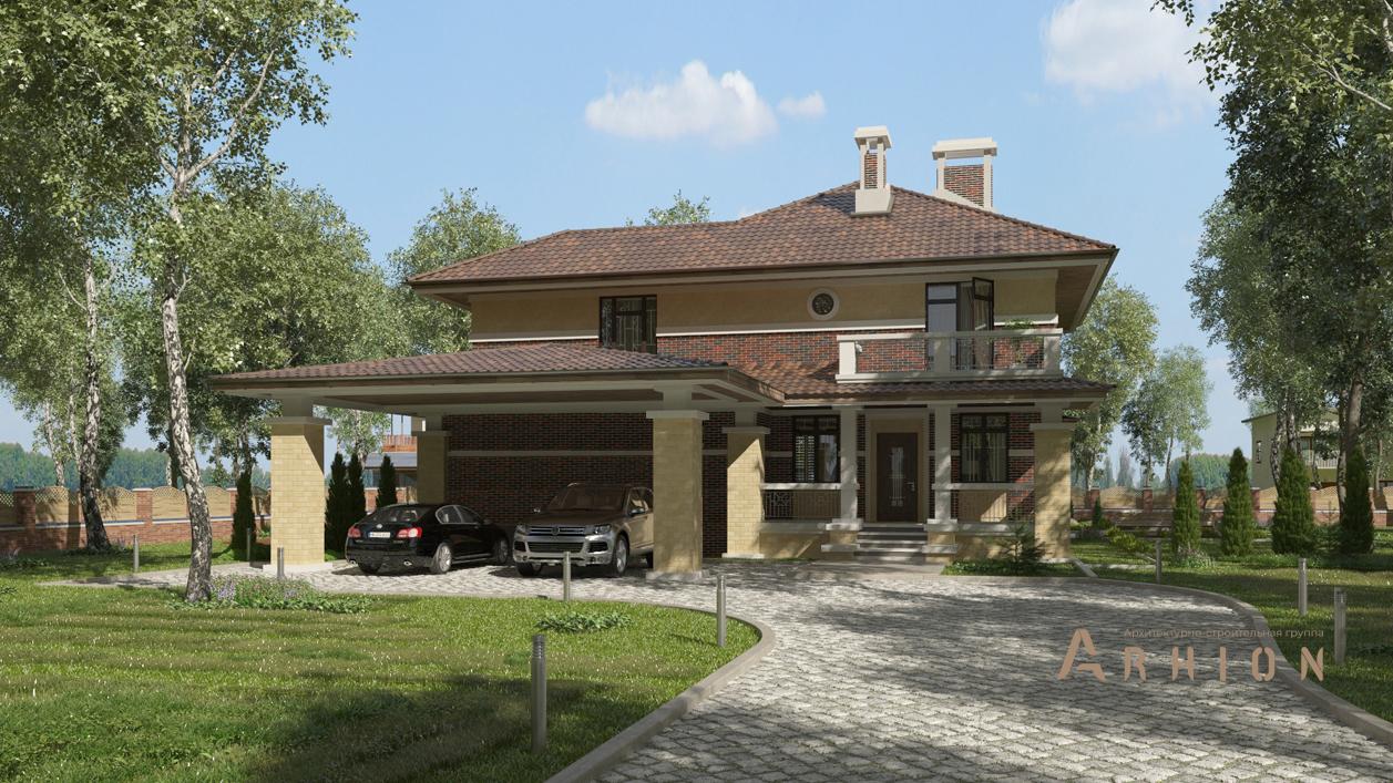 1. Проект двухэтажного дома в стиле Ллойда Райта (прерий) с многоскатной кровлей, cp-93-05, площадью - 348 кв c цокольным этажом, сауной, терассой, балконом