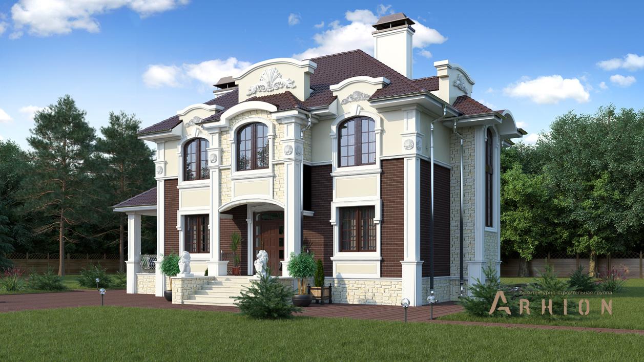 2. Проект двухэтажного дома в стиле барокко с четырехскатной, cp-93-12, площадью - 310 кв c цокольным этажом, сауной, терассой, балконом, бассейном