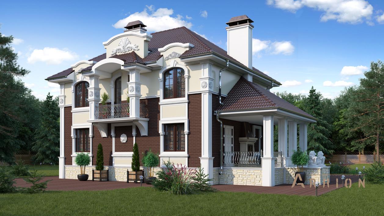 4. Проект двухэтажного дома в стиле барокко с четырехскатной, cp-93-12, площадью - 310 кв c цокольным этажом, сауной, терассой, балконом, бассейном