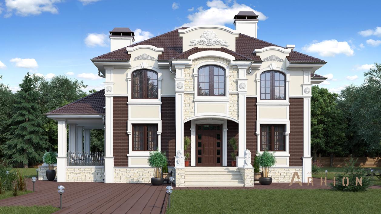 1. Проект двухэтажного дома в стиле барокко с четырехскатной, cp-93-12, площадью - 310 кв c цокольным этажом, сауной, терассой, балконом, бассейном