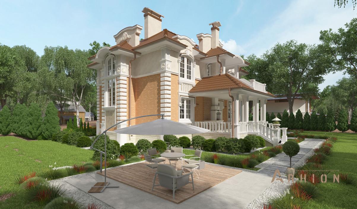 2. Проект двухэтажного дома в стиле барокко с четырехскатной, cp-93-19, площадью - 350 кв c цокольным этажом, сауной, терассой, балконом, бассейном, вторым светом