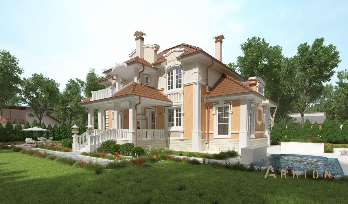 3. Проект двухэтажного дома в стиле барокко с четырехскатной, cp-93-19, площадью - 350 кв c цокольным этажом, сауной, терассой, балконом, бассейном, вторым светом