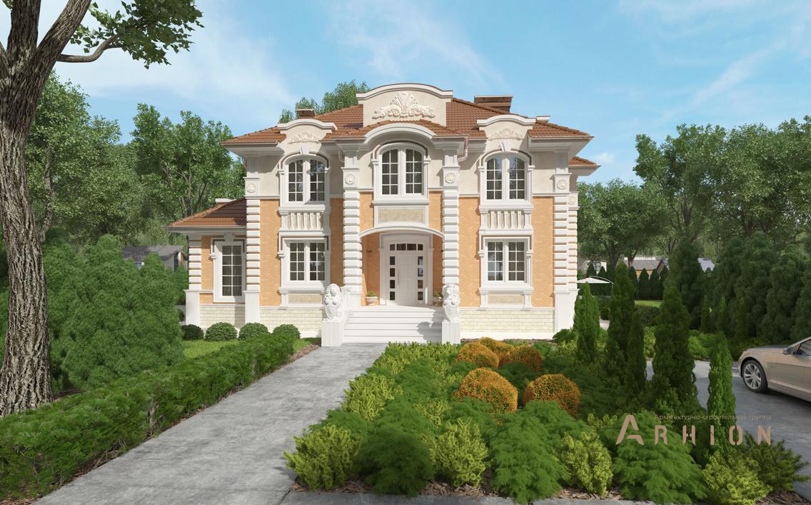 1. Проект двухэтажного дома в стиле барокко с четырехскатной, cp-93-19, площадью - 350 кв c цокольным этажом, сауной, терассой, балконом, бассейном, вторым светом