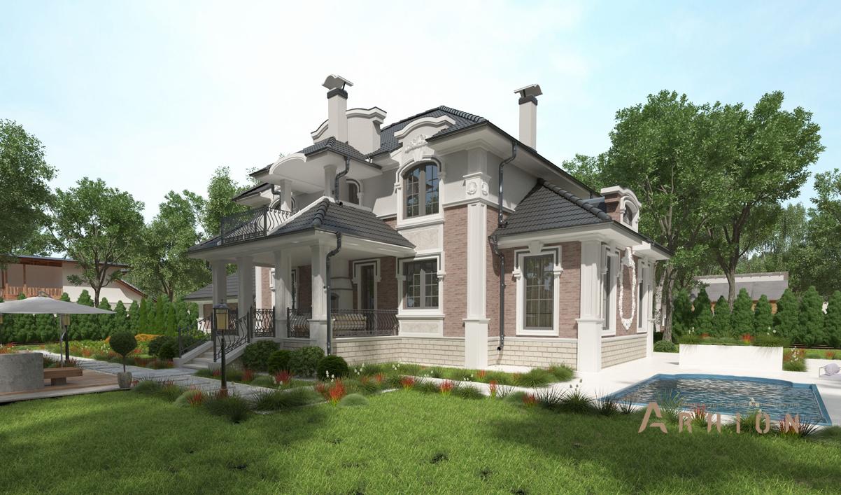 2. Проект двухэтажного дома в классическом стиле с многоскатной кровлей, cp-93-21, площадью - 475 кв c цокольным этажом, сауной, терассой, балконом, гаражом, бассейном, вторым светом