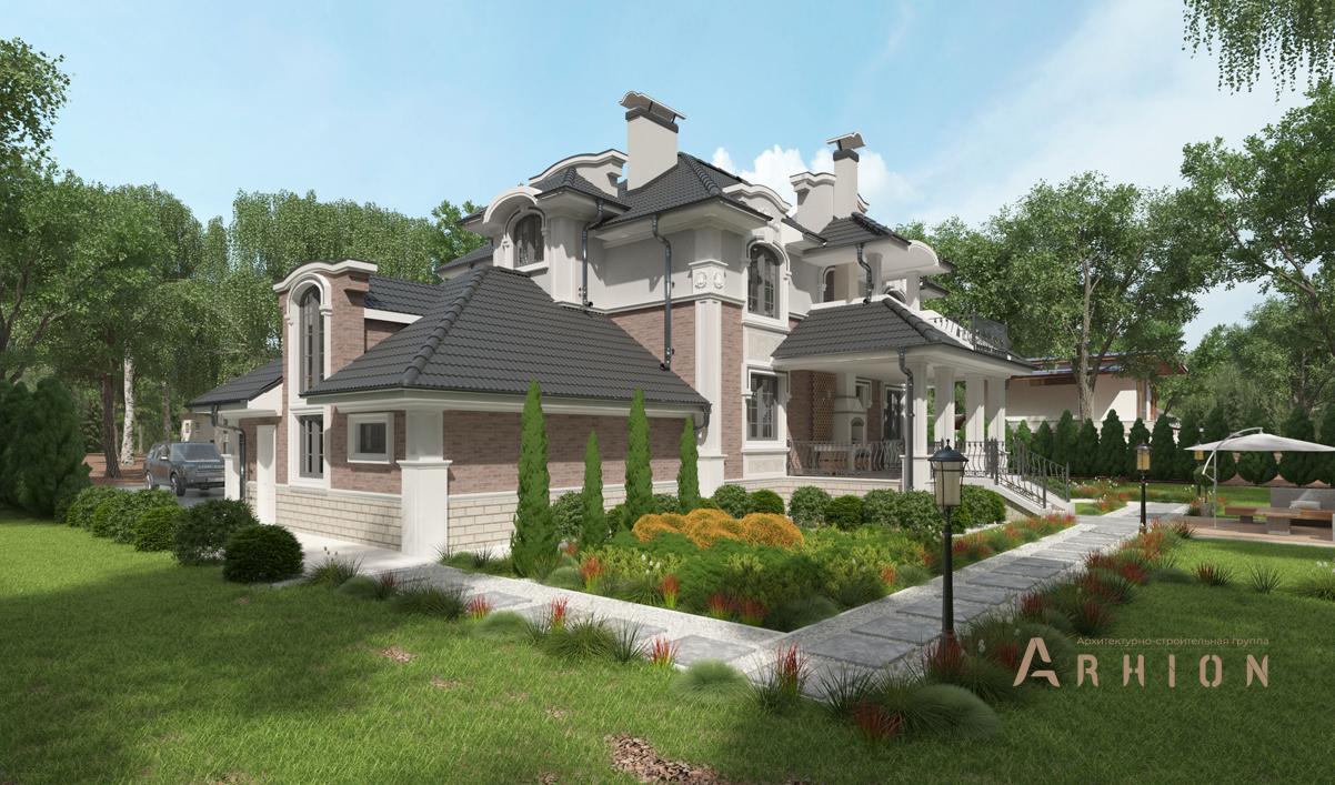 3. Проект двухэтажного дома в классическом стиле с многоскатной кровлей, cp-93-21, площадью - 475 кв c цокольным этажом, сауной, терассой, балконом, гаражом, бассейном, вторым светом