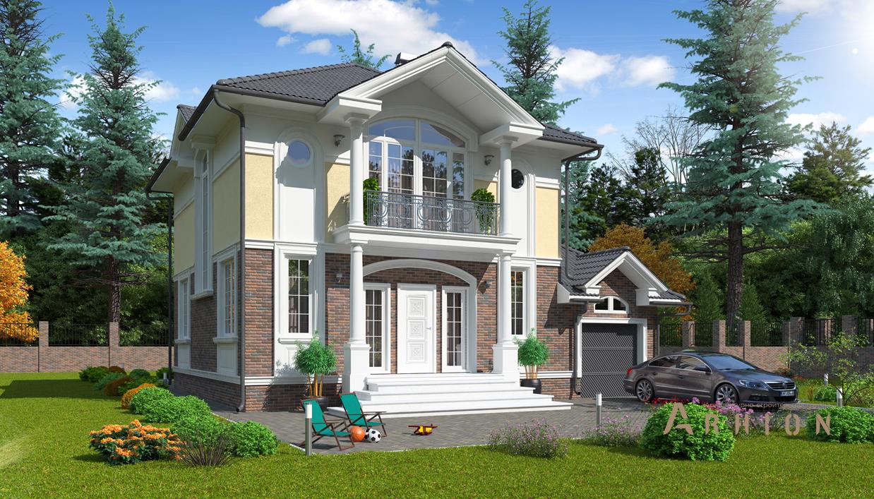 2. Проект двухэтажного дома в современном классическом стиле с многоскатной кровлей, cp-93-23, площадью - 227 кв c цокольным этажом, сауной, балконом, гаражом, бассейном