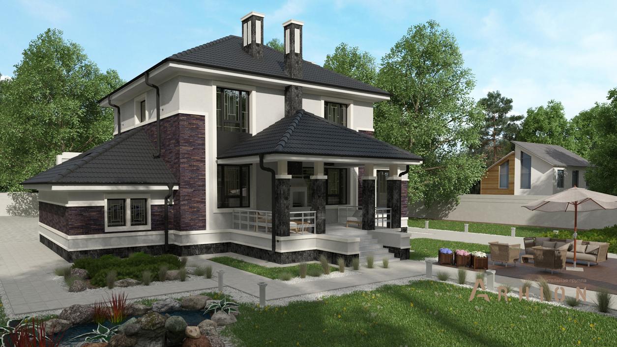 3. Проект двухэтажного дома в современном стиле с четырехскатной, cp-93-27, площадью - 325 кв c цокольным этажом, сауной, терассой, бассейном