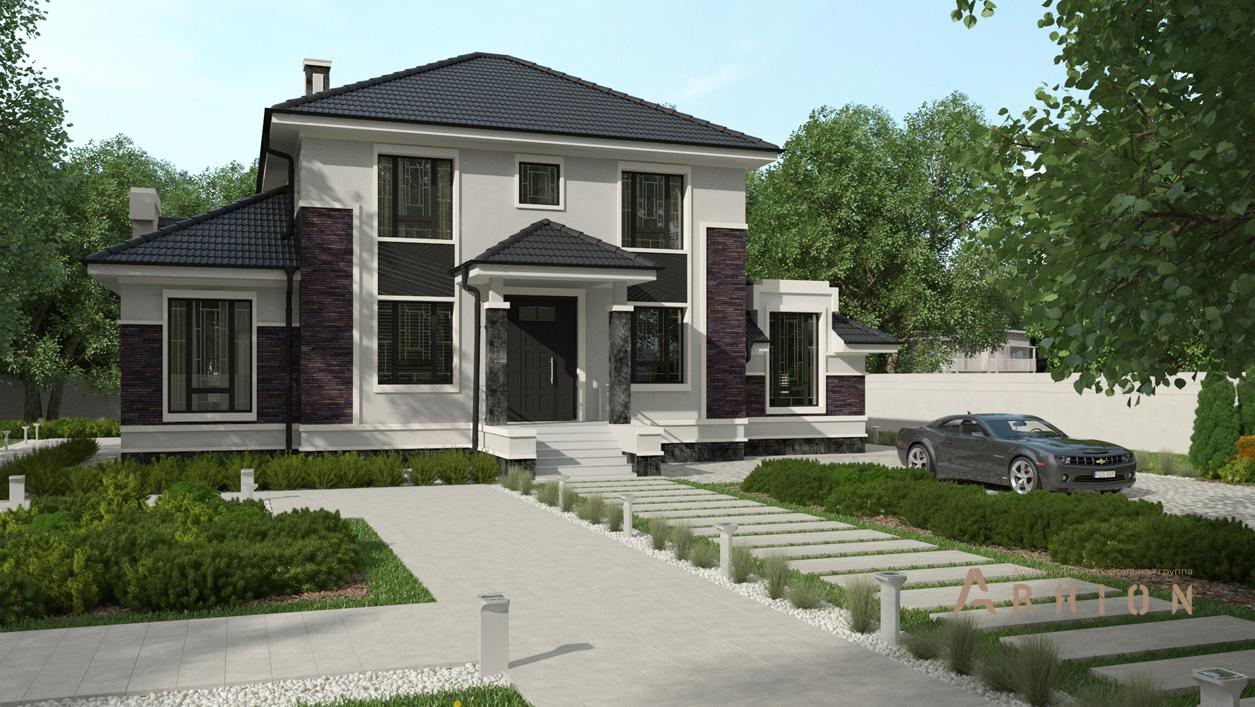 1. Проект двухэтажного дома в современном стиле с четырехскатной, cp-93-27, площадью - 325 кв c цокольным этажом, сауной, терассой, бассейном