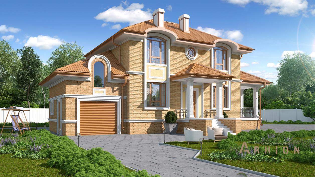 2. Проект двухэтажного дома в классическом стиле с многоскатной кровлей, cp-93-37, площадью - 260 кв c цокольным этажом, сауной, терассой, гаражом