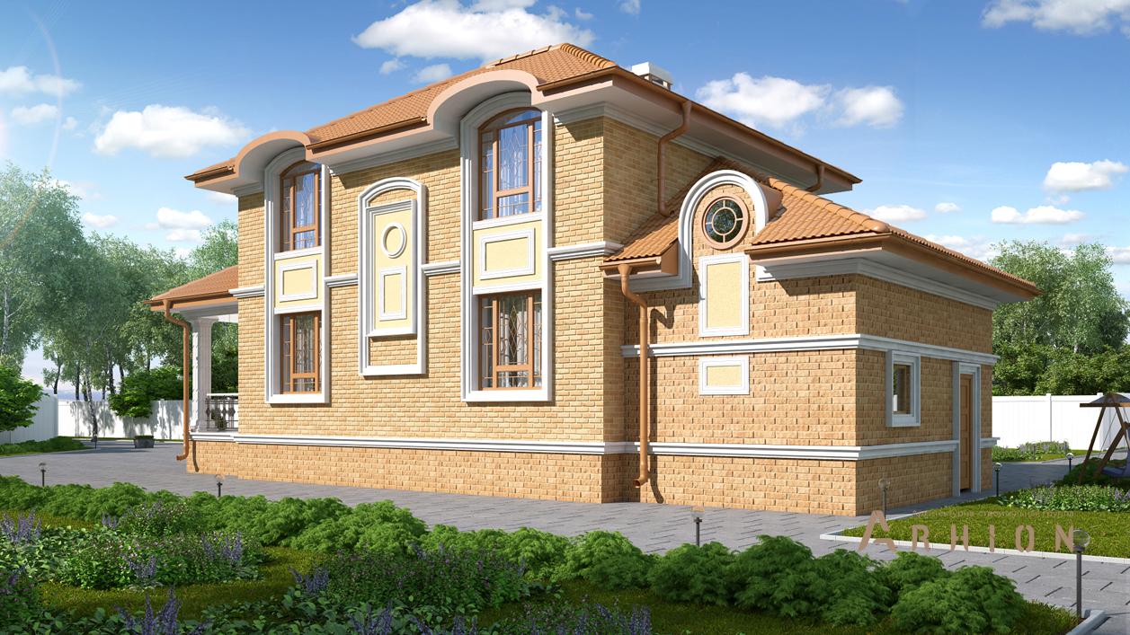 4. Проект двухэтажного дома в классическом стиле с многоскатной кровлей, cp-93-37, площадью - 260 кв c цокольным этажом, сауной, терассой, гаражом