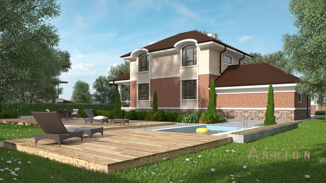 4. Проект двухэтажного дома в современном стиле с многоскатной кровлей, cp-93-41, площадью - 255 кв c цокольным этажом, сауной, терассой