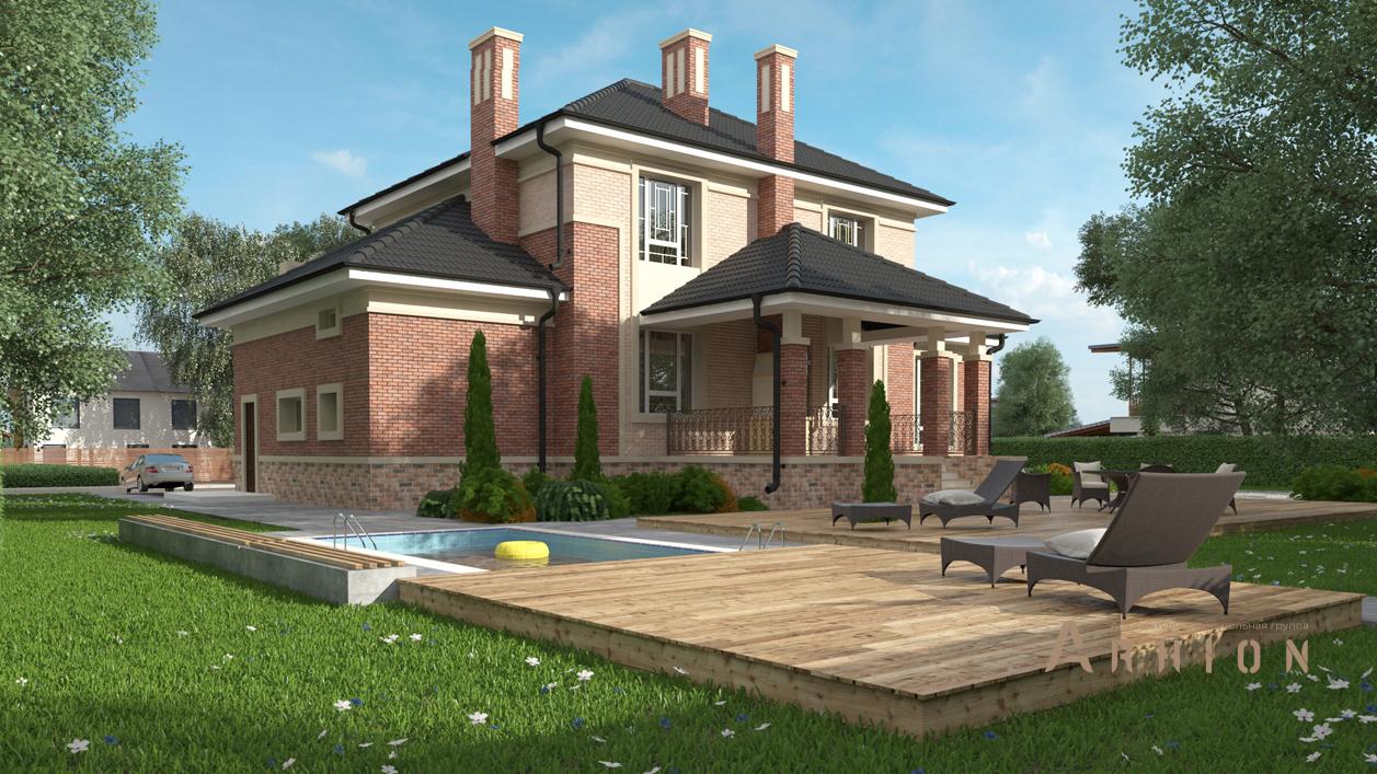 3. Проект двухэтажного дома в современном стиле с многоскатной кровлей, cp-93-47, площадью - 352 кв c цокольным этажом, сауной, терассой, гаражом, бассейном