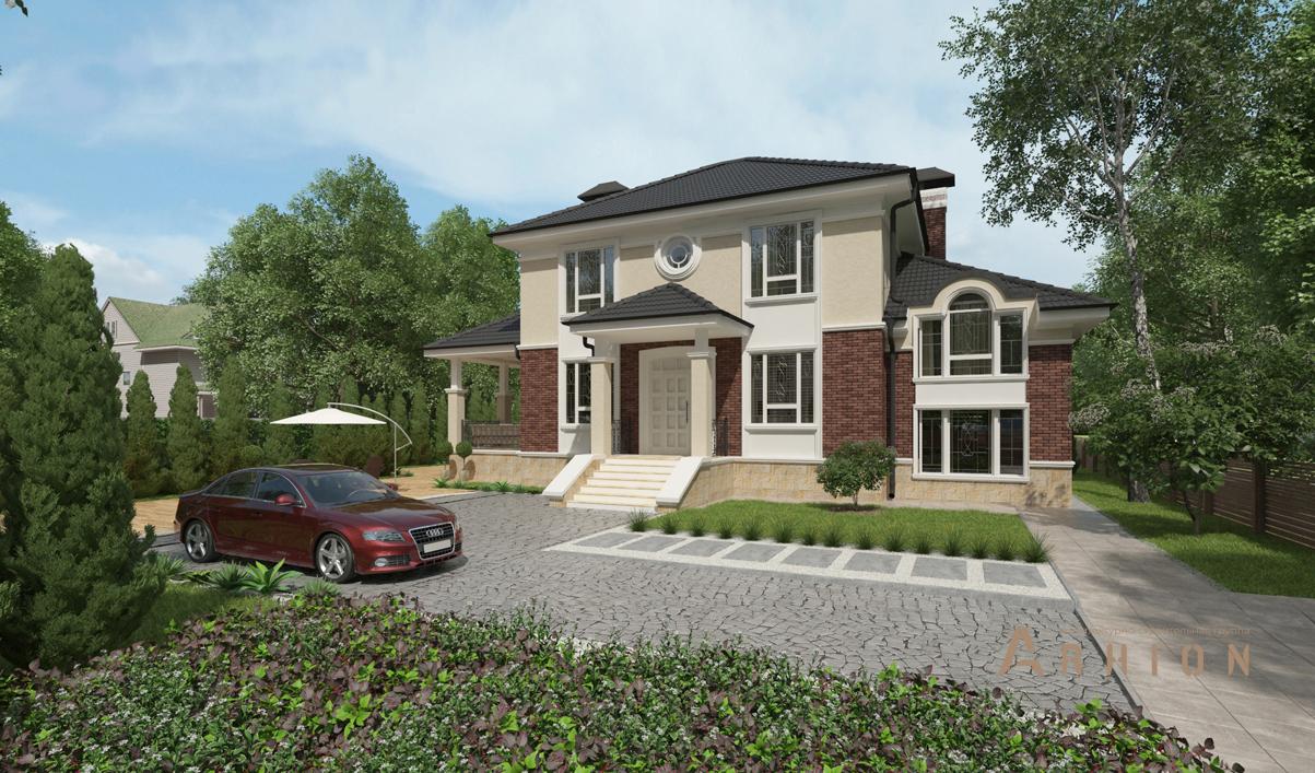 2. Проект двухэтажного дома в современном стиле с многоскатной кровлей, cp-93-50, площадью - 304 кв c цокольным этажом, сауной, терассой, бассейном