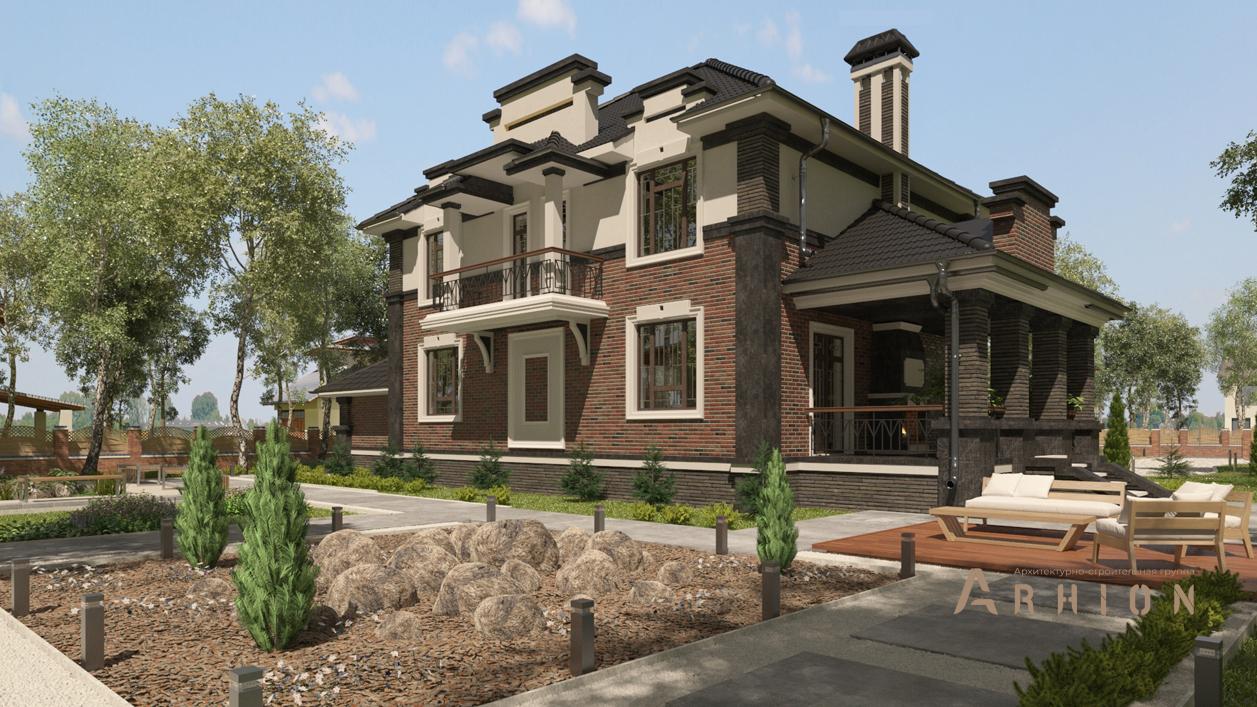 2. Проект двухэтажного дома в современном стиле с многоскатной кровлей, cp-93-61, площадью - 340 кв c цокольным этажом, сауной, терассой, балконом, гаражом, бассейном