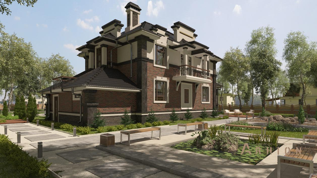 3. Проект двухэтажного дома в современном стиле с многоскатной кровлей, cp-93-61, площадью - 340 кв c цокольным этажом, сауной, терассой, балконом, гаражом, бассейном