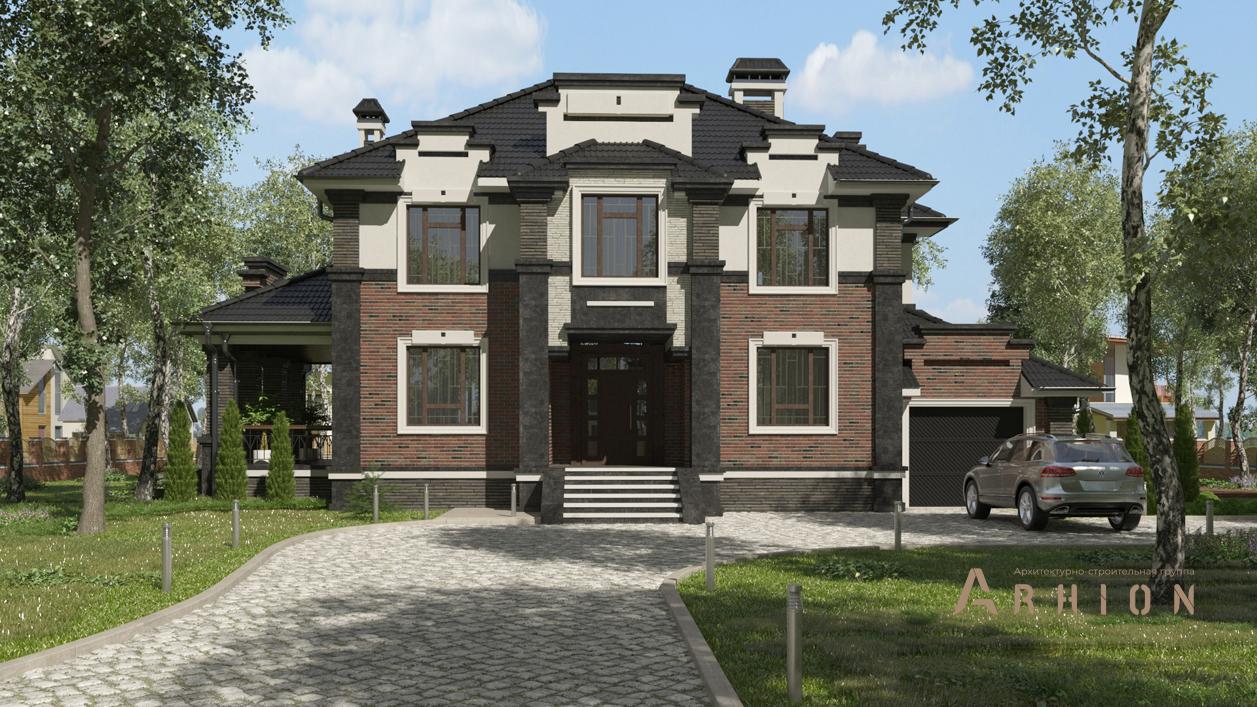 1. Проект двухэтажного дома в современном стиле с многоскатной кровлей, cp-93-61, площадью - 340 кв c цокольным этажом, сауной, терассой, балконом, гаражом, бассейном