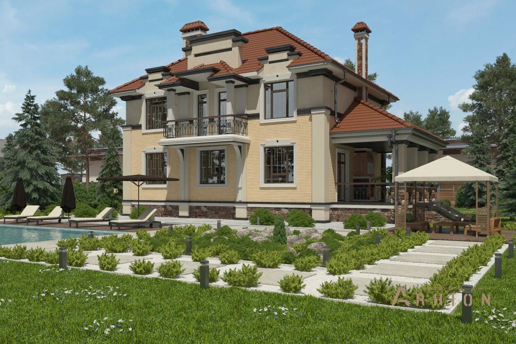 2. Проект двухэтажного дома в современном стиле с многоскатной кровлей, cp-93-62, площадью - 309 кв c цокольным этажом, сауной, терассой, балконом, бассейном