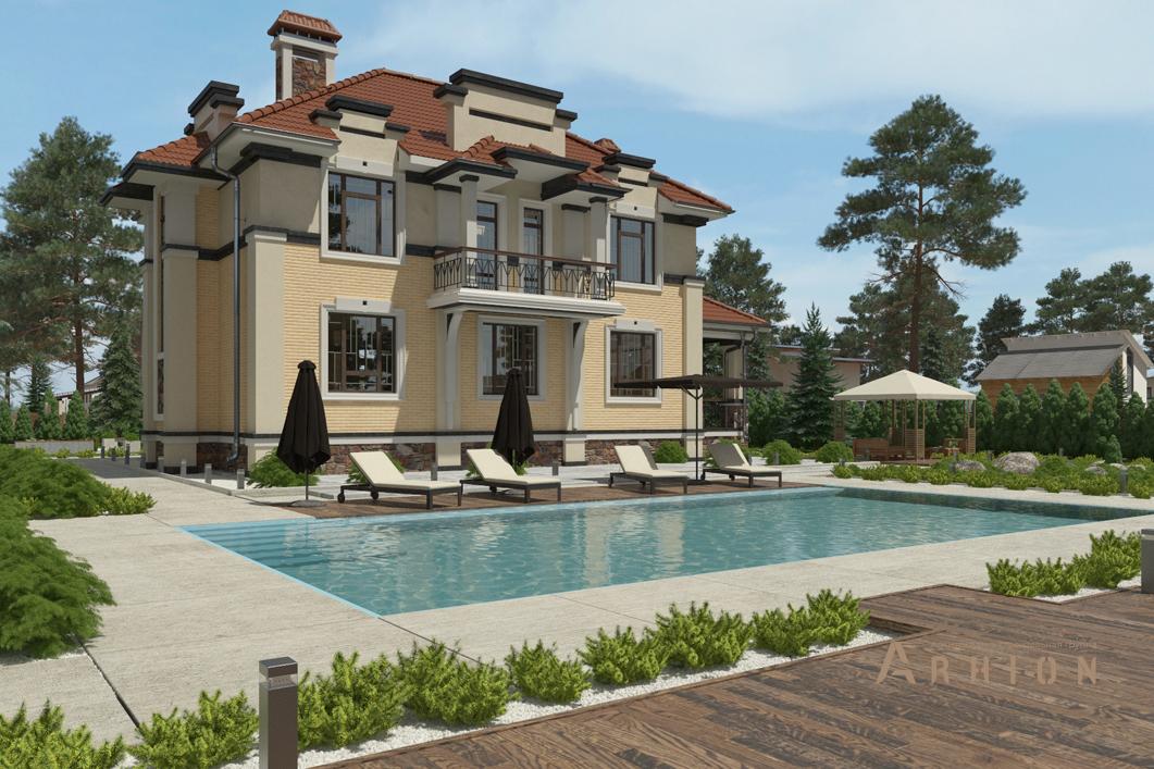 3. Проект двухэтажного дома в современном стиле с многоскатной кровлей, cp-93-62, площадью - 309 кв c цокольным этажом, сауной, терассой, балконом, бассейном