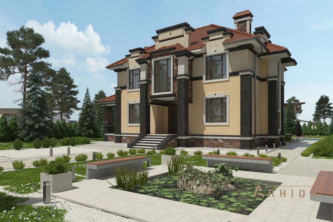 4. Проект двухэтажного дома в современном стиле с многоскатной кровлей, cp-93-62, площадью - 309 кв c цокольным этажом, сауной, терассой, балконом, бассейном