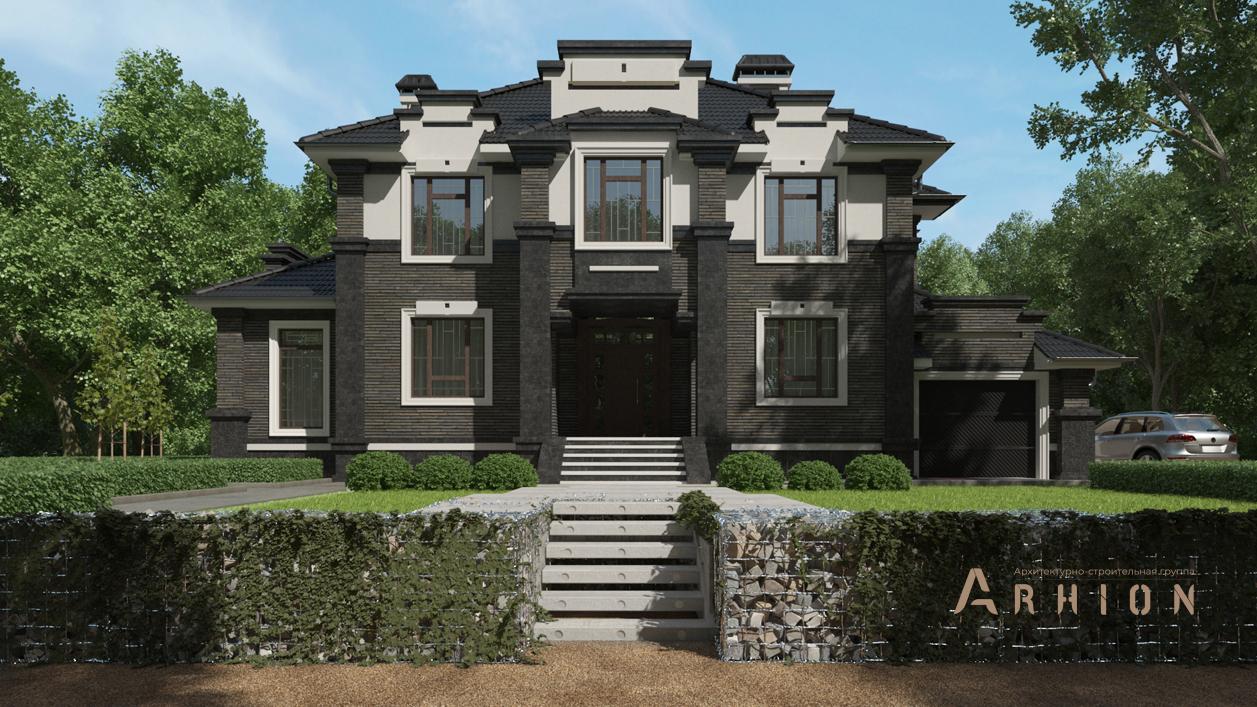 1. Проект двухэтажного дома в современном стиле с многоскатной кровлей, cp-93-63, площадью - 381 кв c цокольным этажом, сауной, терассой, балконом, гаражом, бассейном, вторым светом