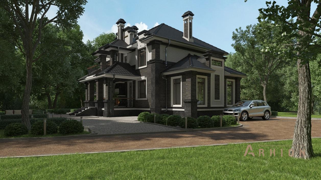 2. Проект двухэтажного дома в современном классическом стиле с многоскатной кровлей, cp-93-64, площадью - 246 кв c терассой, балконом, гаражом, эркером, вторым светом