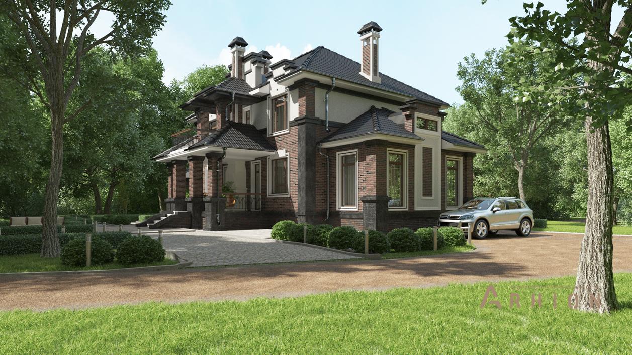 3. Проект двухэтажного дома в современном стиле с многоскатной кровлей, cp-93-68, площадью - 381 кв c цокольным этажом, сауной, терассой, балконом, бассейном, вторым светом