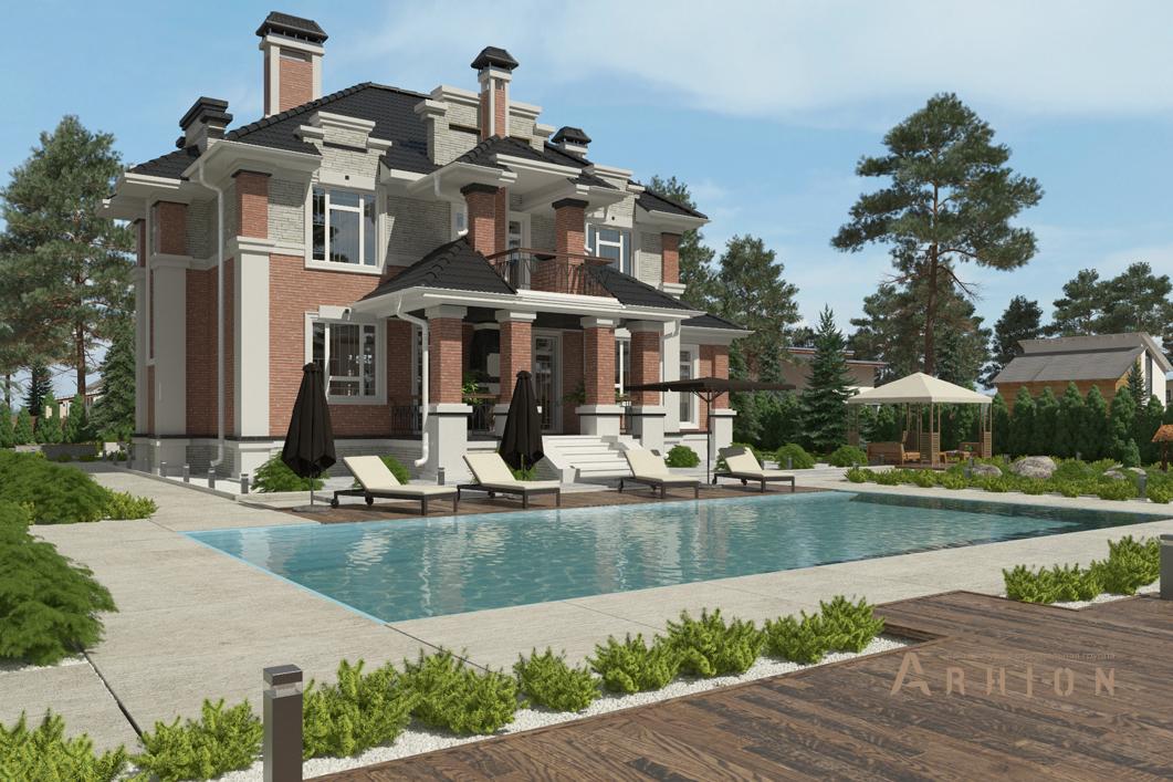 2. Проект двухэтажного дома в современном стиле с многоскатной кровлей, cp-93-69, площадью - 350 кв c цокольным этажом, сауной, терассой, балконом, бассейном, вторым светом