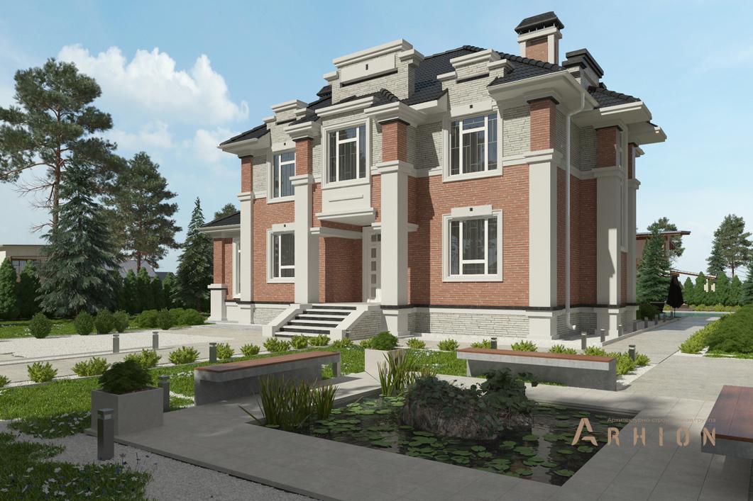 1. Проект двухэтажного дома в современном стиле с многоскатной кровлей, cp-93-69, площадью - 350 кв c цокольным этажом, сауной, терассой, балконом, бассейном, вторым светом