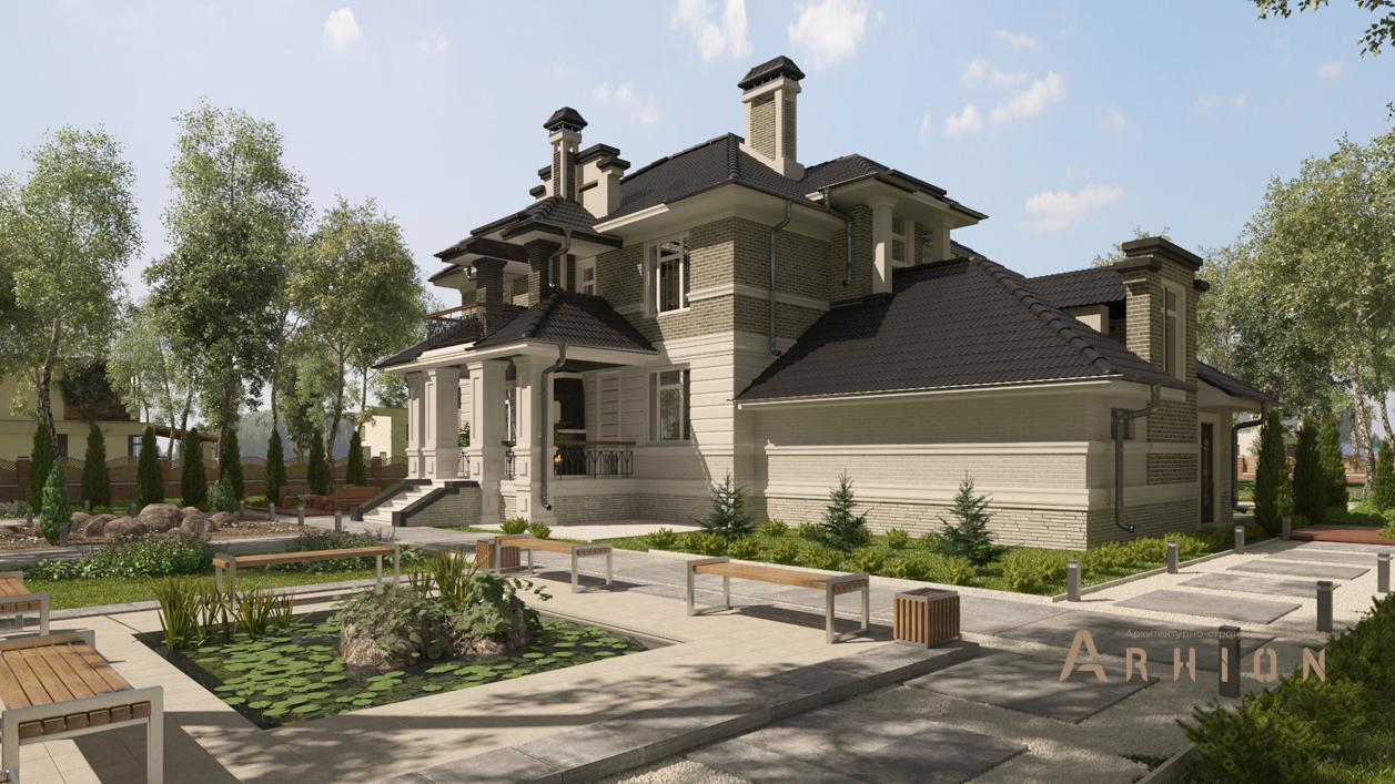 3. Проект двухэтажного дома в классическом стиле с многоскатной кровлей, cp-93-71, площадью - 431 кв c цокольным этажом, сауной, терассой, балконом, бассейном