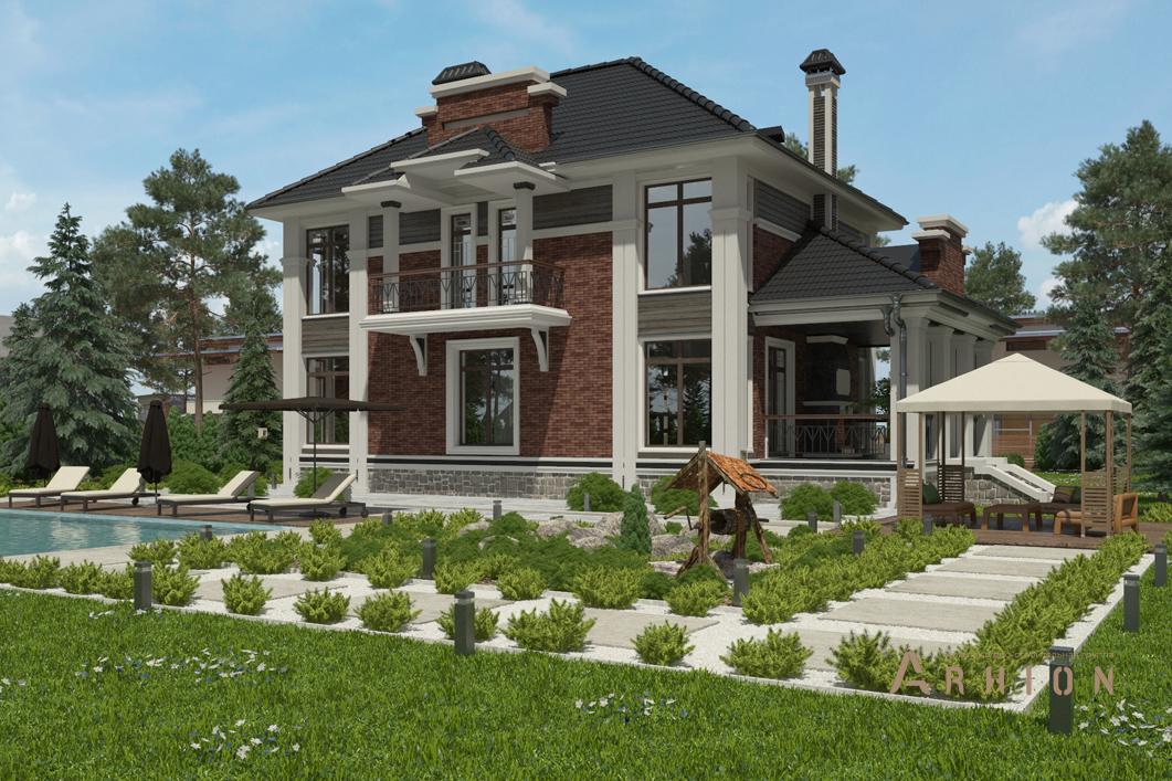 2. Проект двухэтажного дома в современном стиле с многоскатной кровлей, cp-93-82, площадью - 309 кв c цокольным этажом, мансардой, сауной, терассой, балконом, бассейном